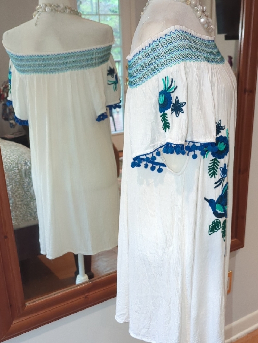 White Off-Shoulder Midi Dress with Blue & Green Embroidery - Picture 4 of 10